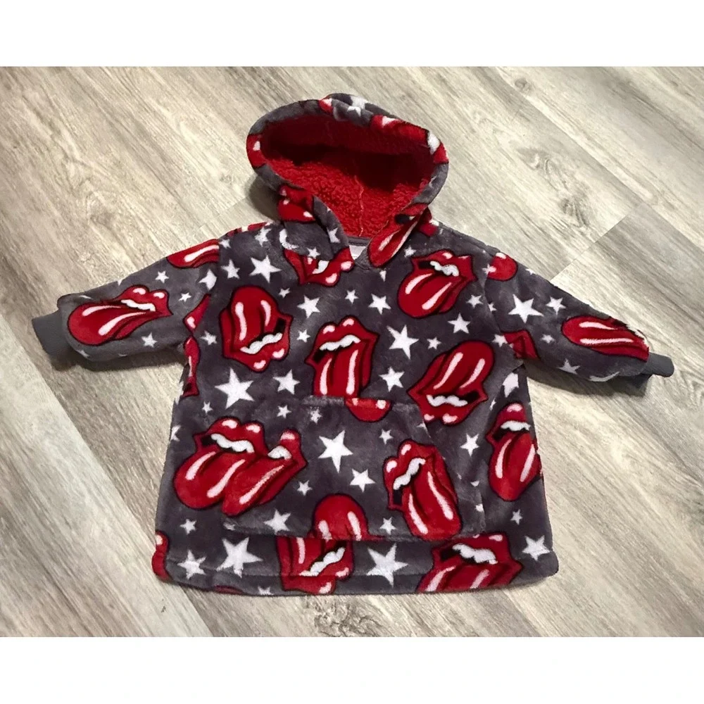 The Rolling Stones Kids Fleece Hoodie Red Sherpa Lined Stars Grey 12M